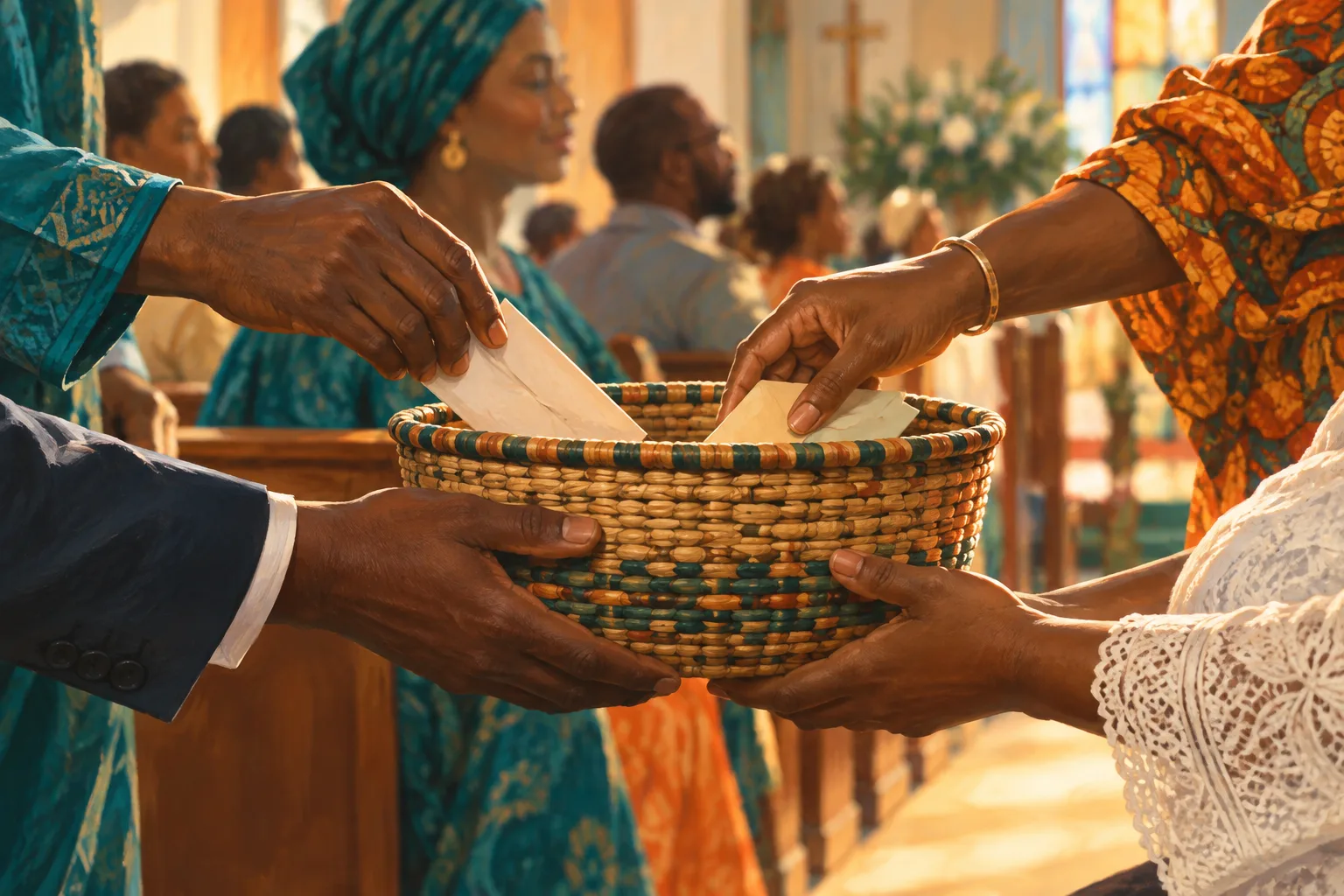 Illustration of a church community sharing an offering